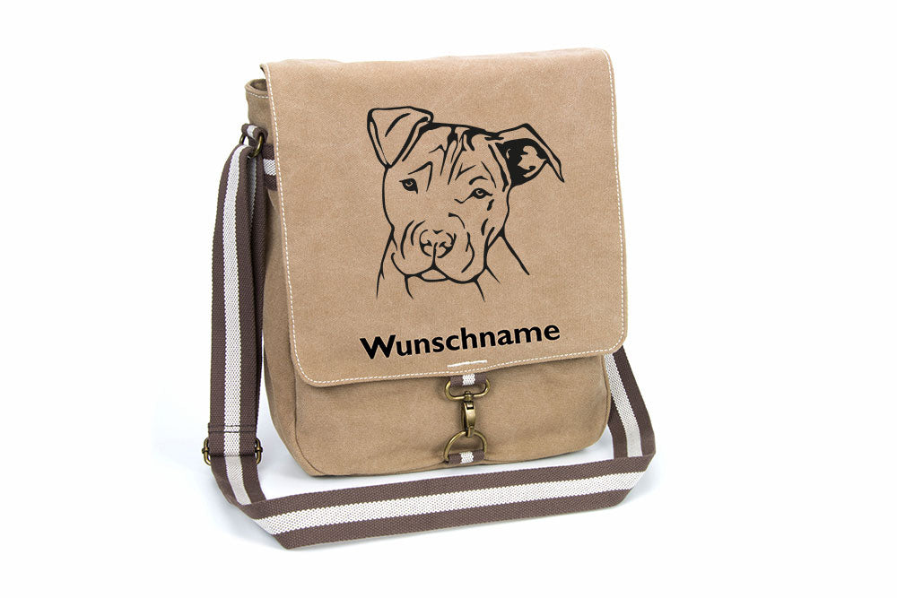 American Staffordshire Terrier 2 -unkupiert- Canvas Schultertasche Tasche mit Hundemotiv und Namen