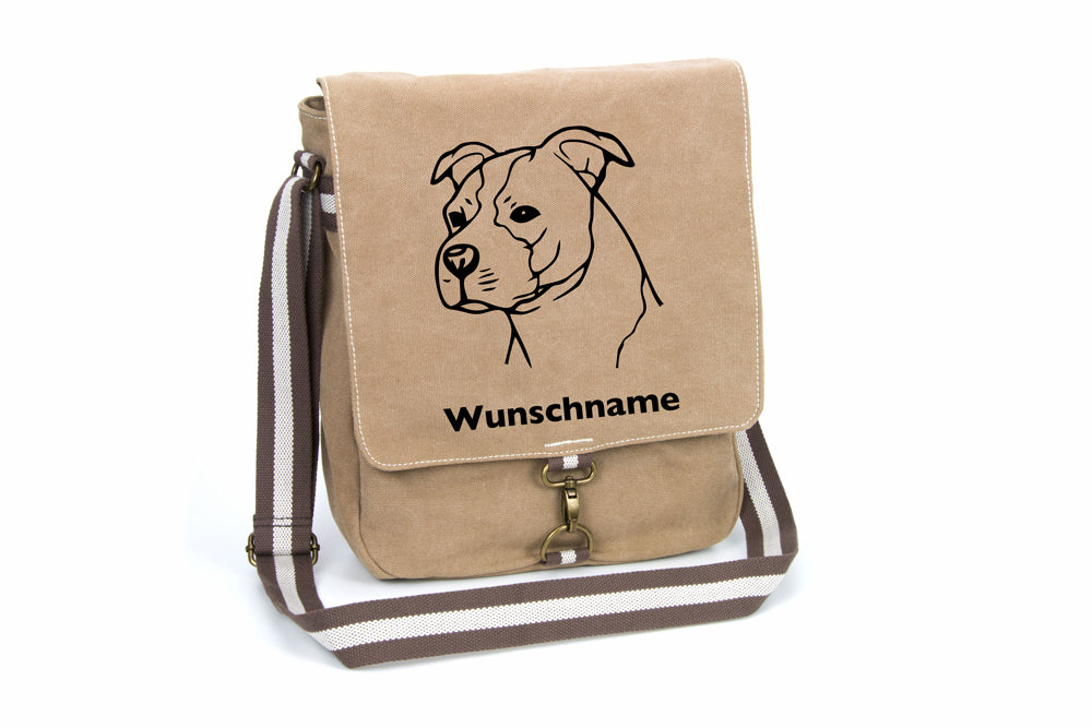 American Staffordshire Terrier -unkupiert- Canvas Schultertasche Tasche mit Hundemotiv und Namen