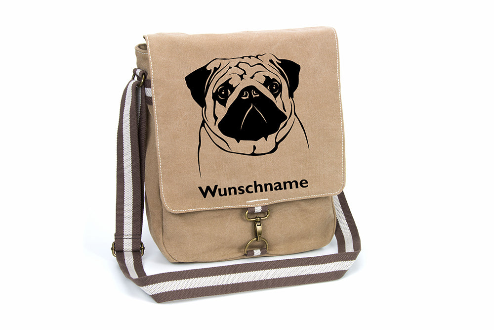 Mops Canvas Schultertasche Tasche mit Hundemotiv und Namen