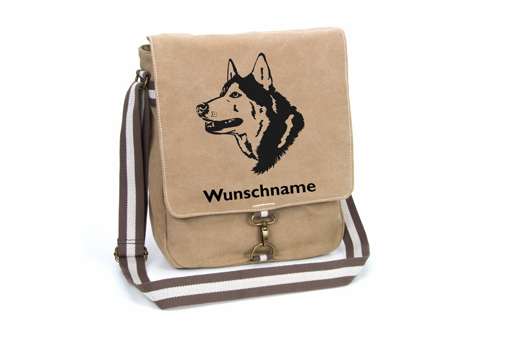Husky 3 Canvas Schultertasche Tasche mit Hundemotiv und Namen
