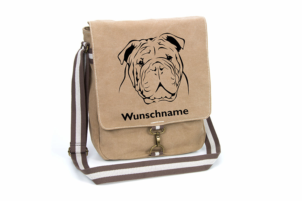 Englische Bulldogge Canvas Schultertasche Tasche mit Hundemotiv und Namen