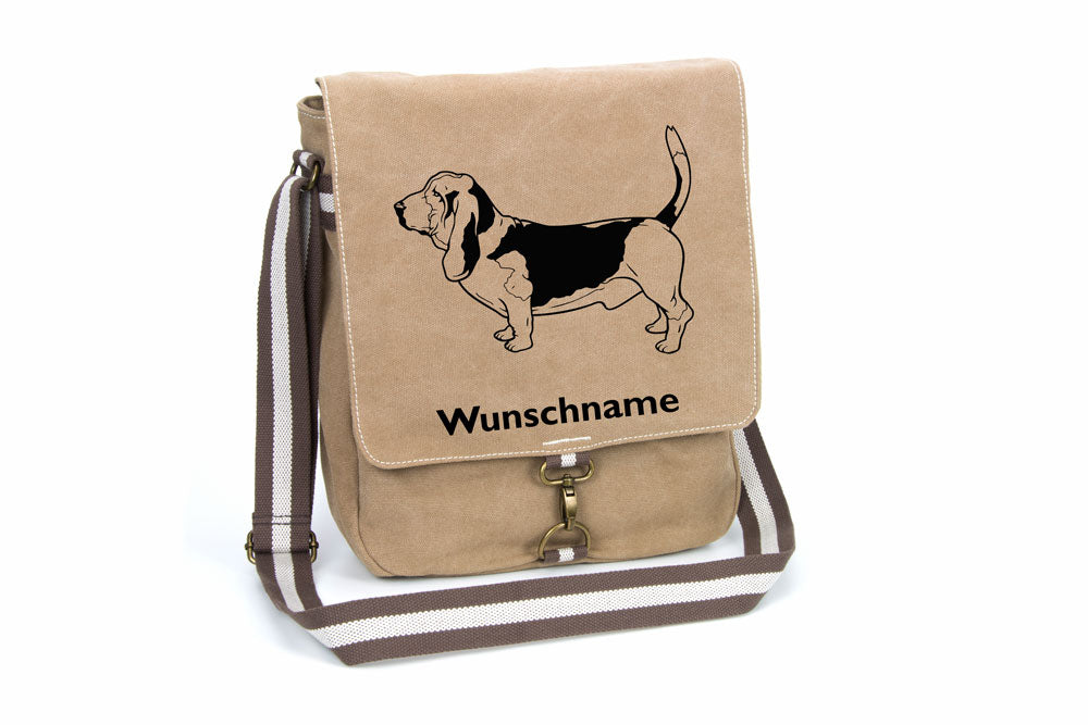 Basset 2 Canvas Schultertasche Tasche mit Hundemotiv und Namen