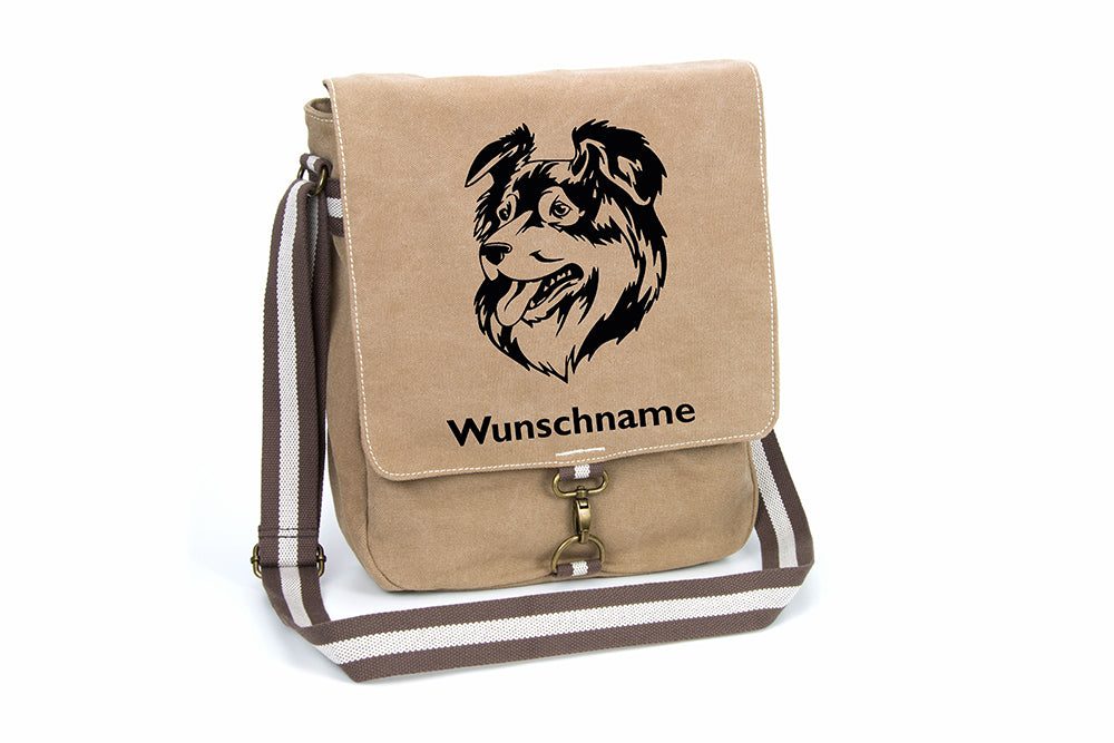 Australian Shepherd 3 Canvas Schultertasche Tasche mit Hundemotiv und Namen