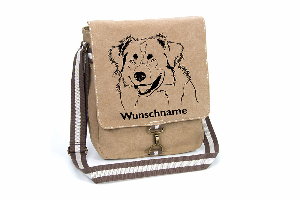 Australian Shepherd Canvas Schultertasche Tasche mit Hundemotiv und Namen